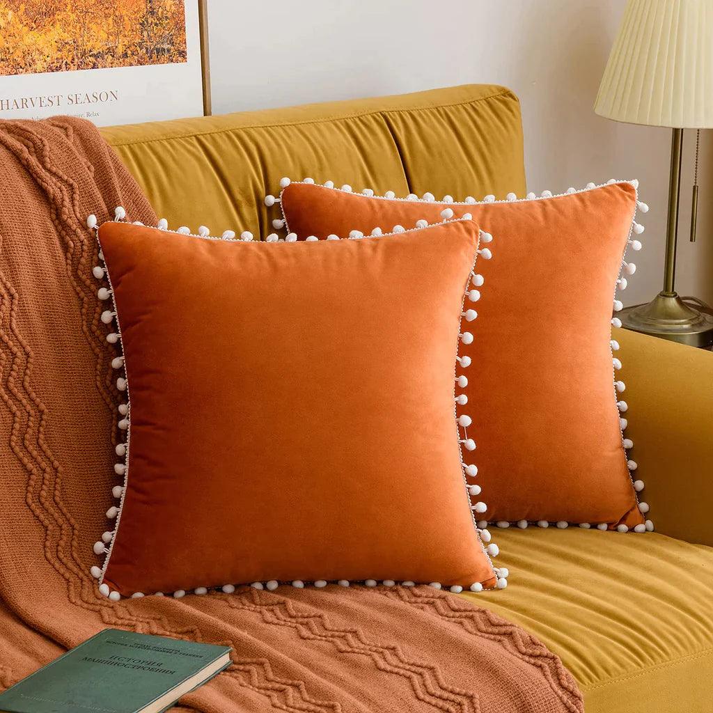 Pom-Poms Velvet Cushion Covers - 2Pcs Set