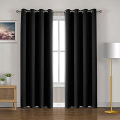 2Pc Plain Dyed Eyelet Curtains With Lining - Black