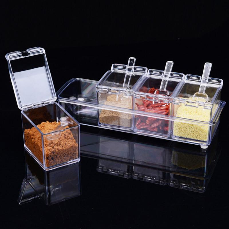 Transparent Seasoning Box Four Grid With Spoon Seasoning Can Set