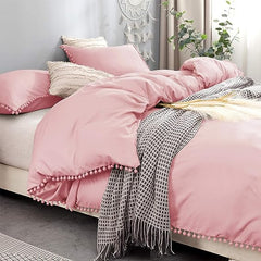 Luxury Cotton Satin Pom Fringe Duvet Cover Set - Pink