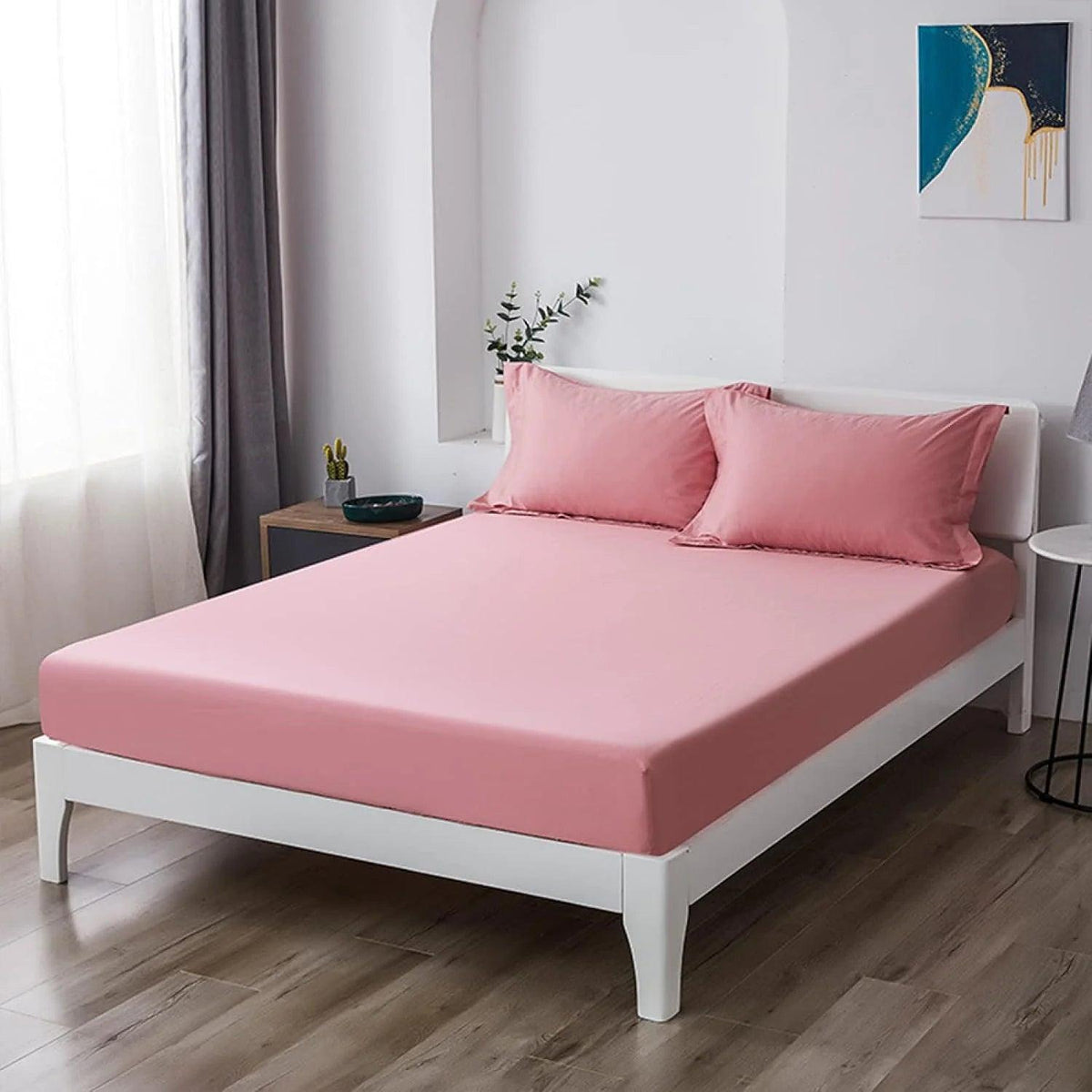 Cotton Fitted Bed Sheet with Pillows-Pink