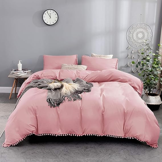 Luxury Cotton Satin Pom Fringe Duvet Cover Set - Pink