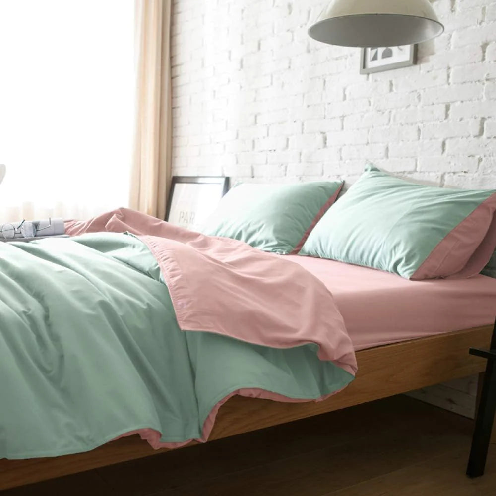 Plain Dyed Reversible Cotton Duvet Cover Set - Pink & Light Green