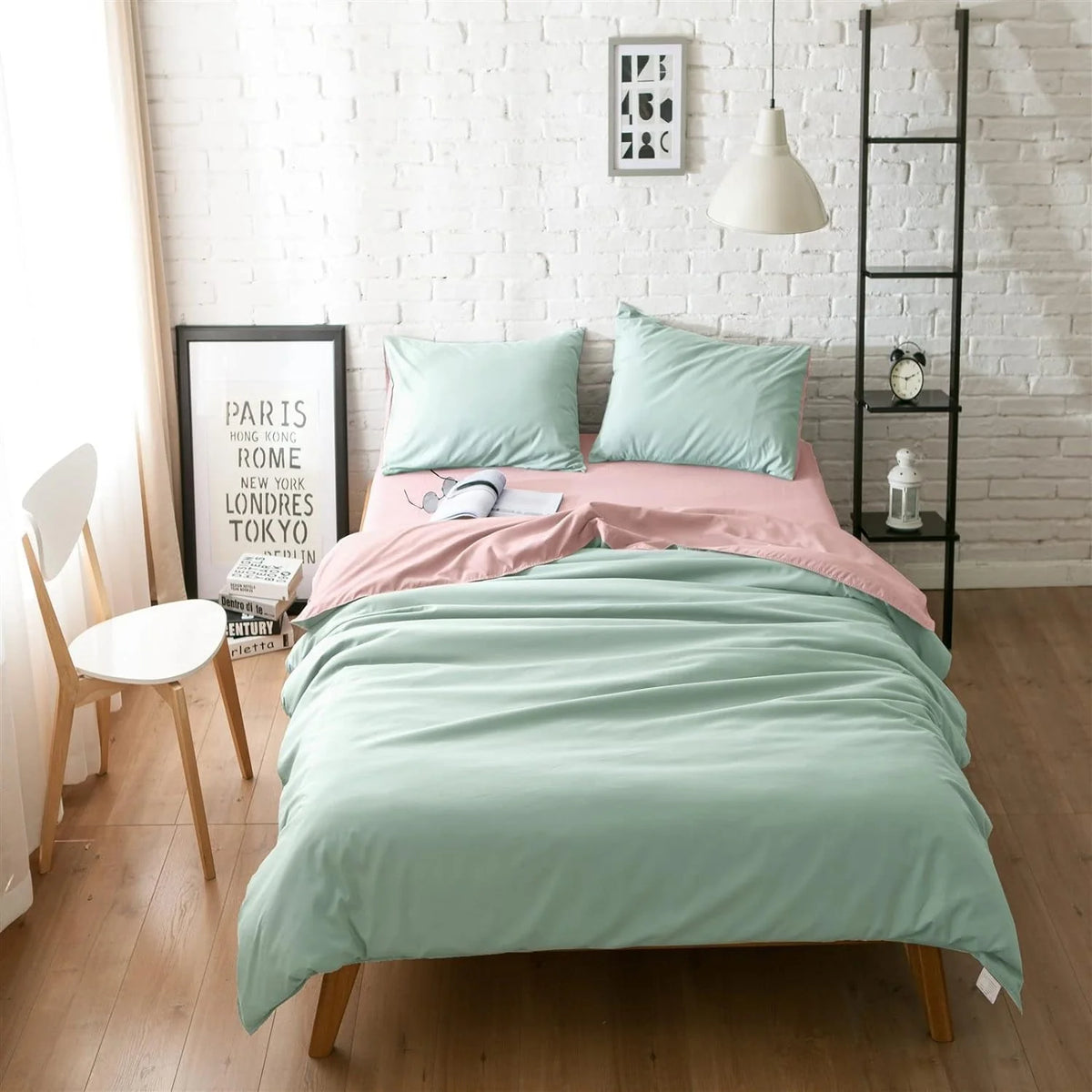 Plain Dyed Reversible Cotton Duvet Cover Set - Pink & Light Green