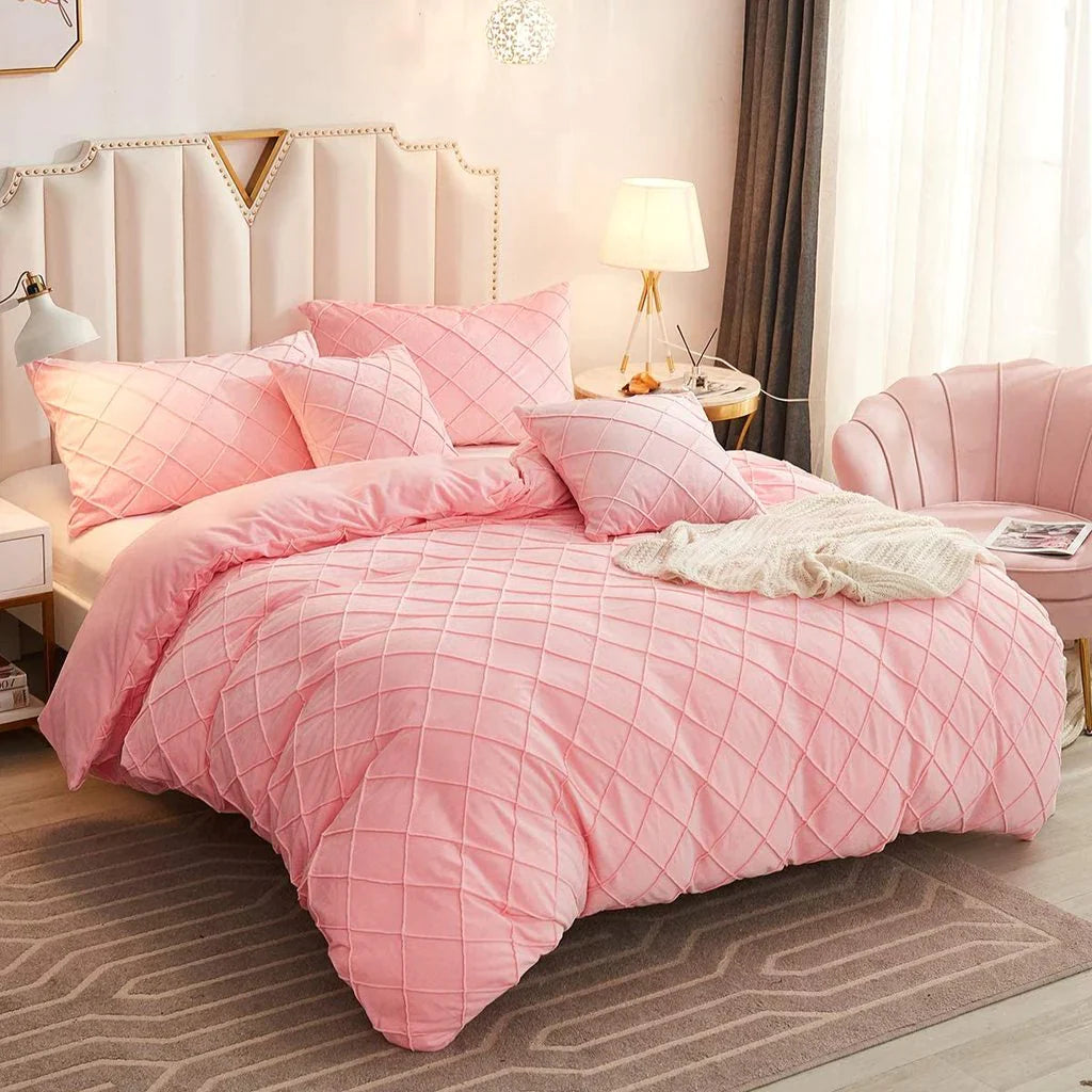 Luxury Velvet Pinch Pleats Duvet Cover Set -Pink