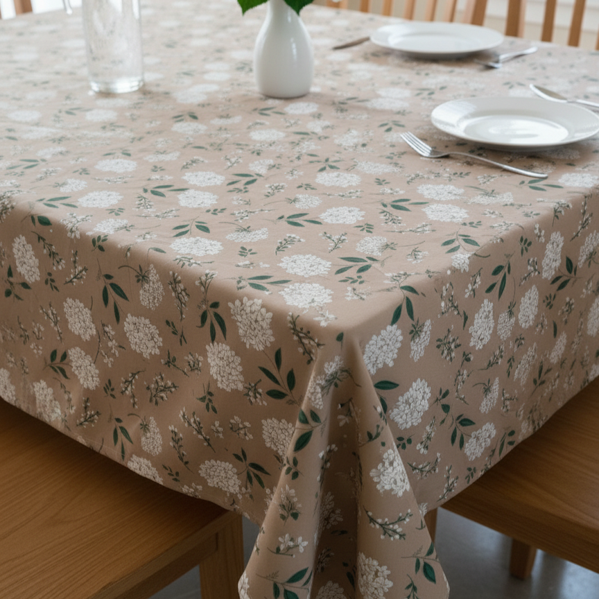 Printed Cotton Duck Table Cover-Neutral Beige Hydrangea Pattern