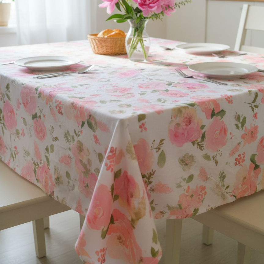 Printed Cotton Table Cover-Pink Peony Bloom