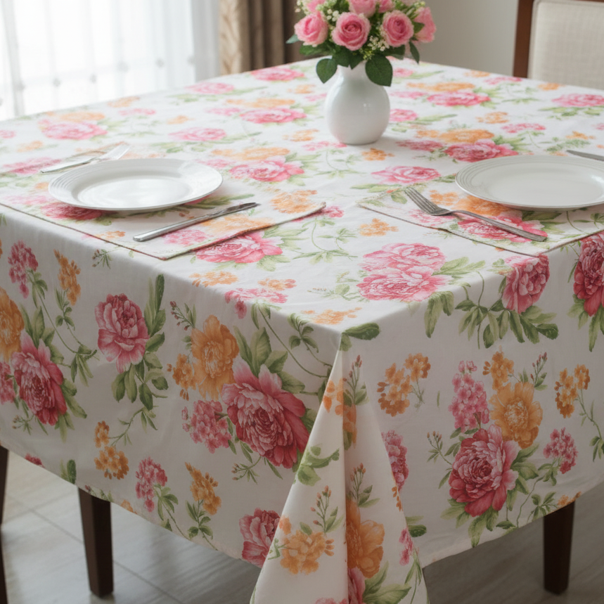 Printed Cotton Table Cover- Rose Vintage Floral Garden