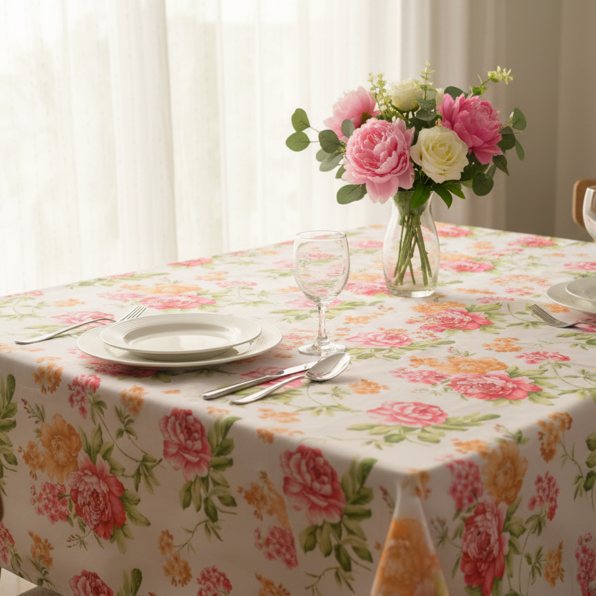 Printed Cotton Table Cover- Rose Vintage Floral Garden