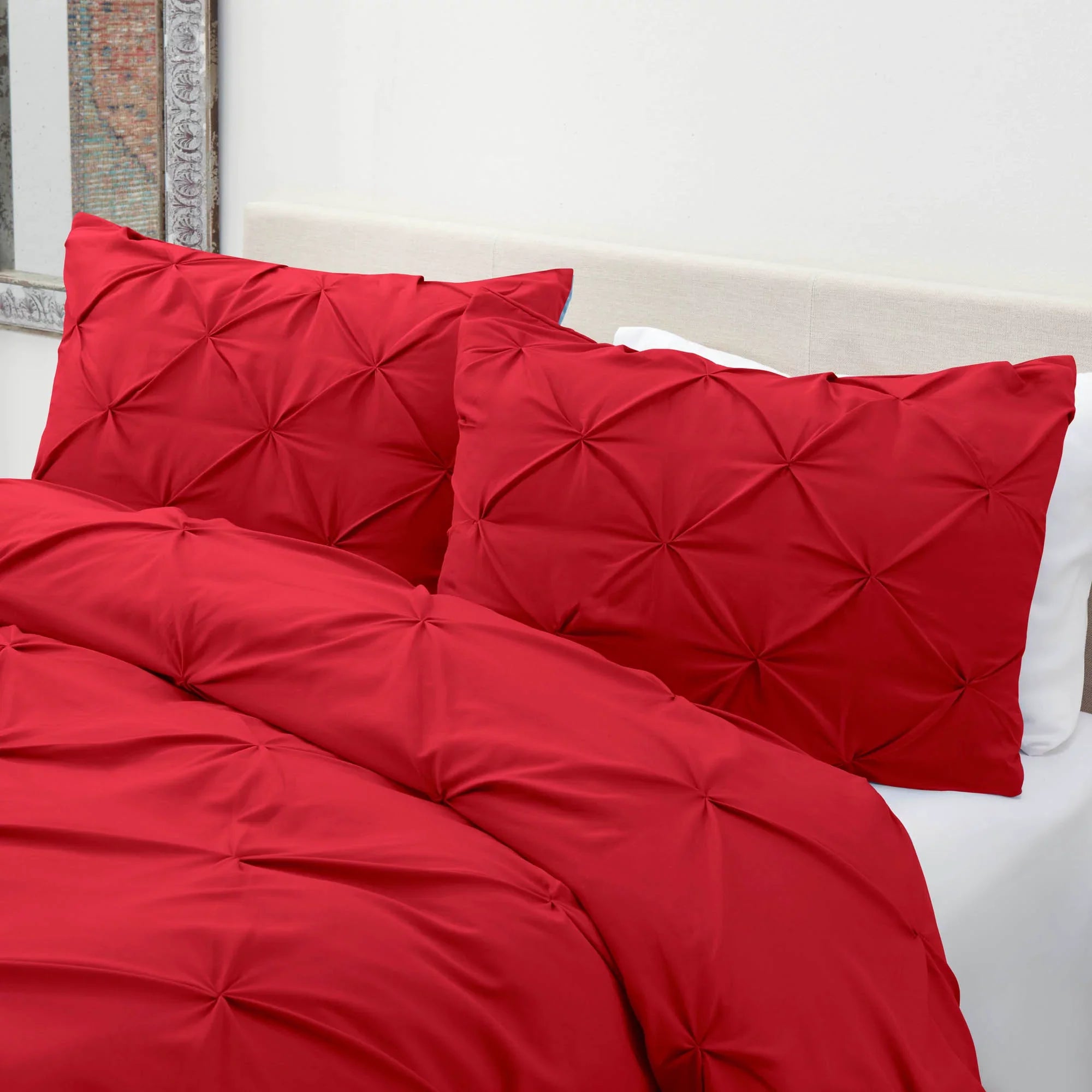 Luxury Satin Pintuck Duvet Cover Set - Red