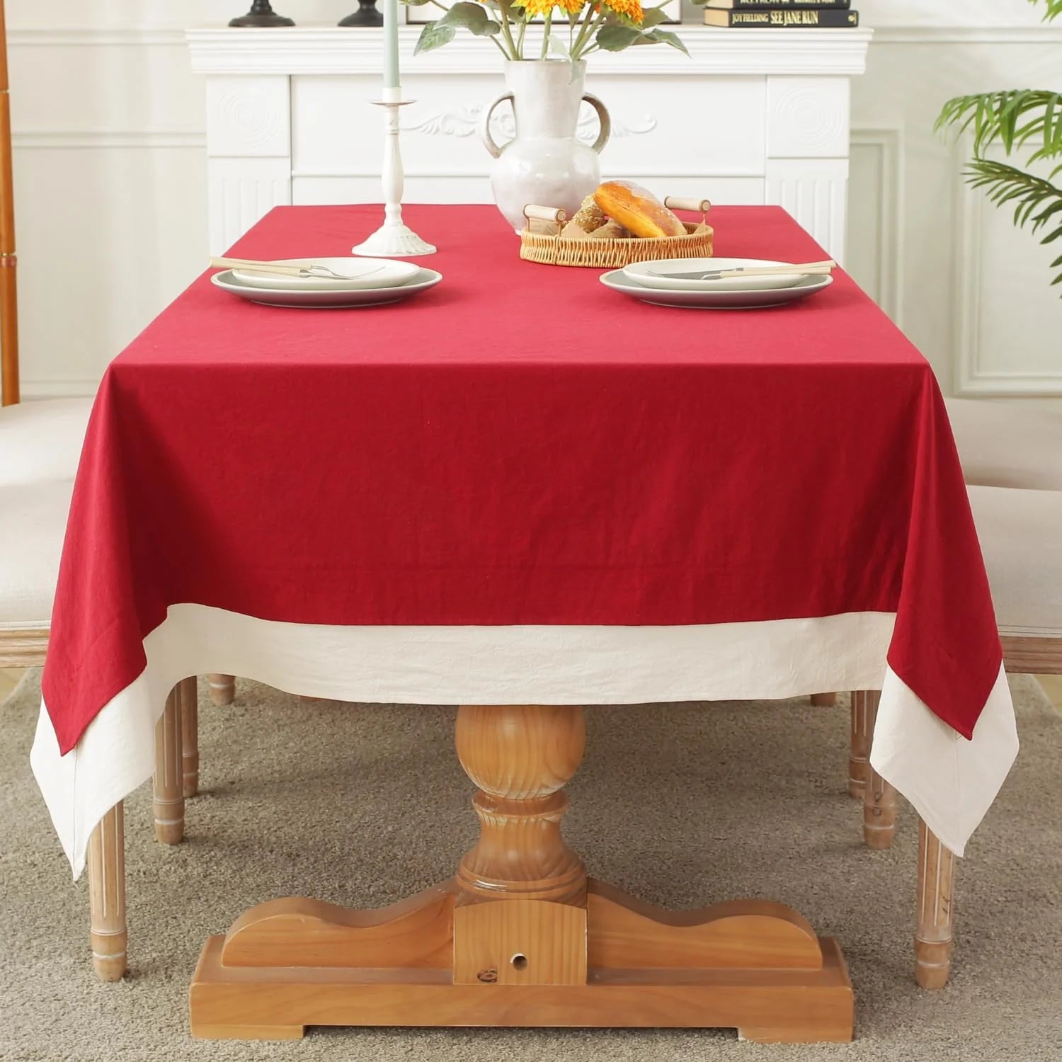 Decorative Tablecloth - Red With White Bordered