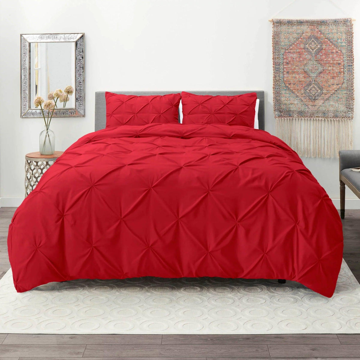 Luxury Satin Pintuck Duvet Cover Set - Red