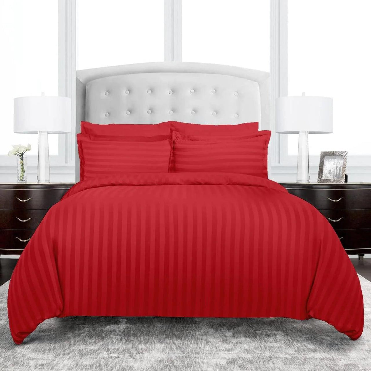 Cotton Satin Stripe Duvet Cover Set -Red