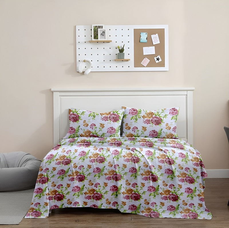 Double Cotton Bed Sheet - Roses(White)