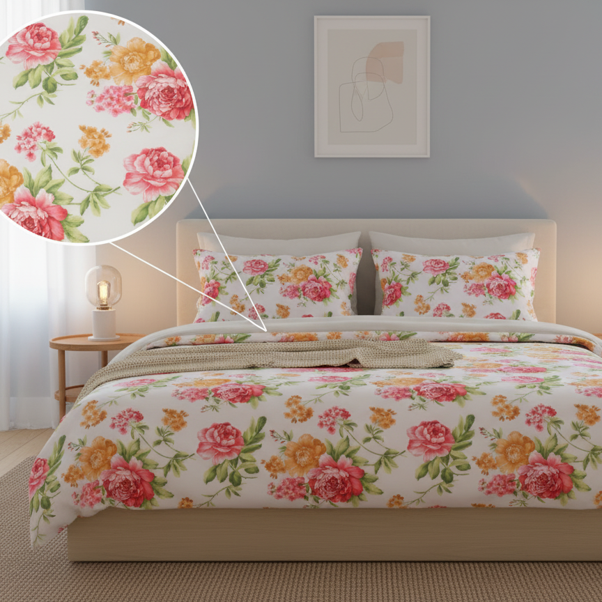 Double Cotton Bed Sheet - Rose Vintage Floral Garden