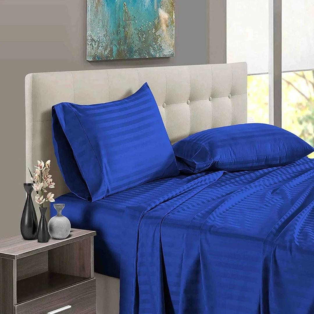 Luxury Strip Satin Bed Sheet Set - Royal Blue