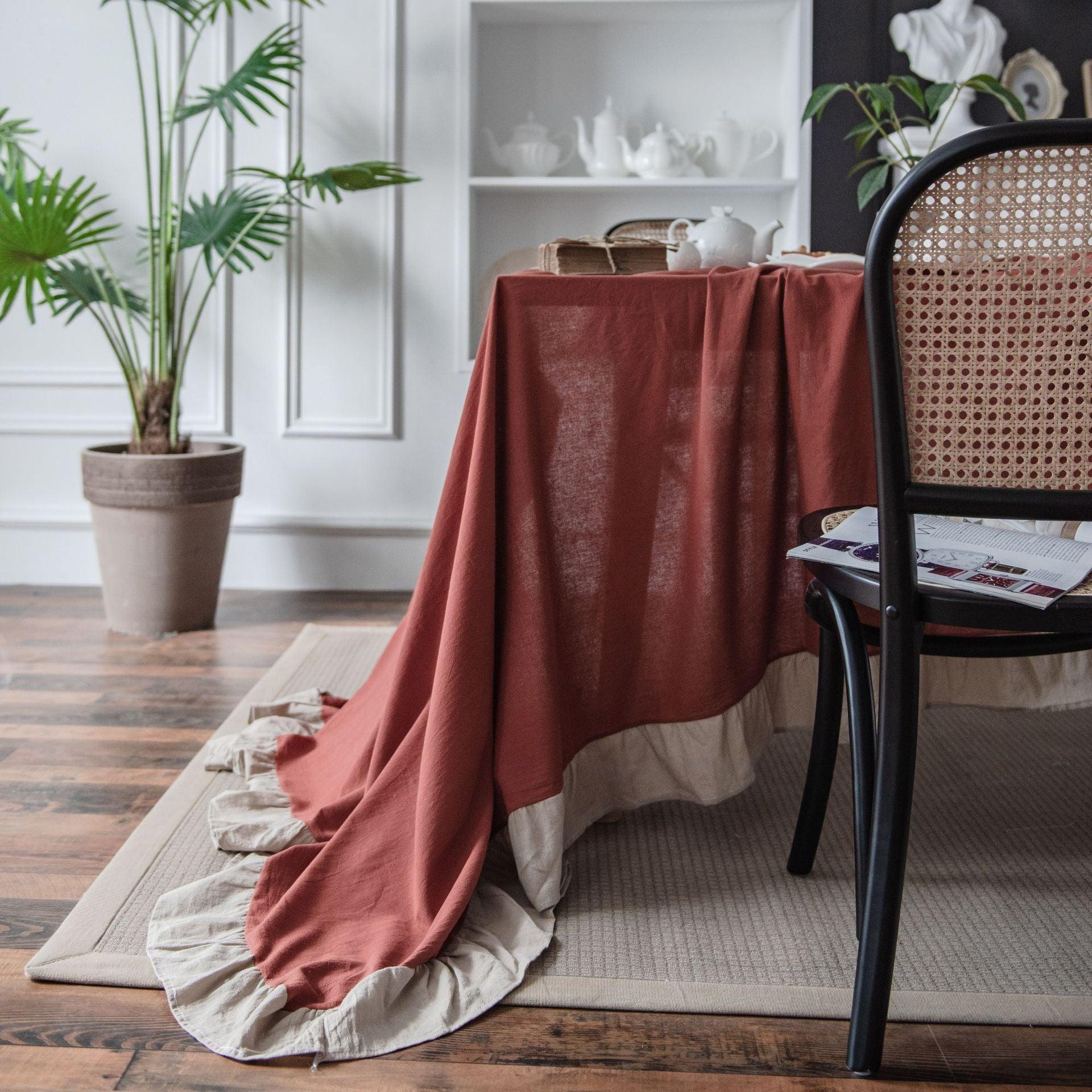 Flounce Stitching Cotton Table Covers-Rust & Beige