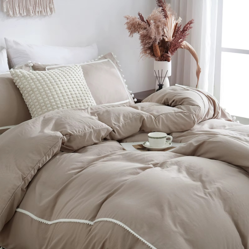 Lustro Twin Pom-Pom Cotton Duvet Cover Set-Khaki