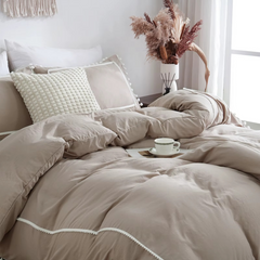 Lustro Twin Pom-Pom Cotton Duvet Cover Set-Khaki