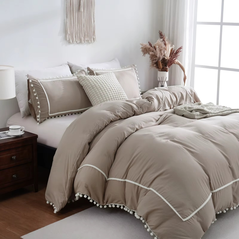 Lustro Twin Pom-Pom Cotton Duvet Cover Set-Khaki