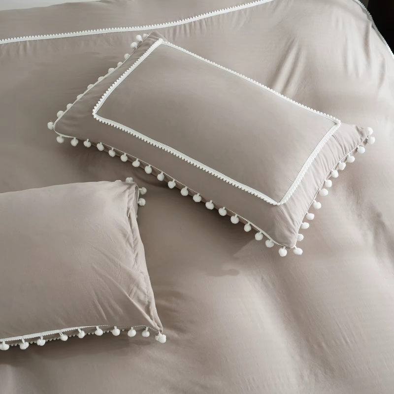 Lustro Twin Pom-Pom Cotton Duvet Cover Set-Khaki