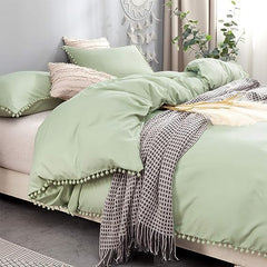 Luxury Cotton Satin Pom Fringe Duvet Cover Set - Sage Green