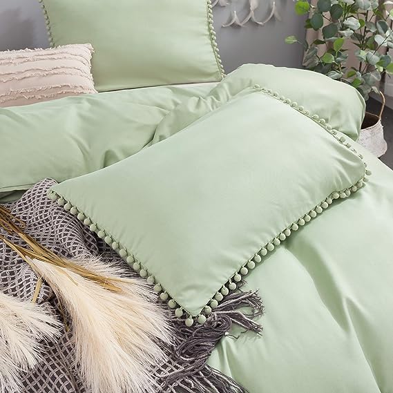 Luxury Cotton Satin Pom Fringe Duvet Cover Set - Sage Green