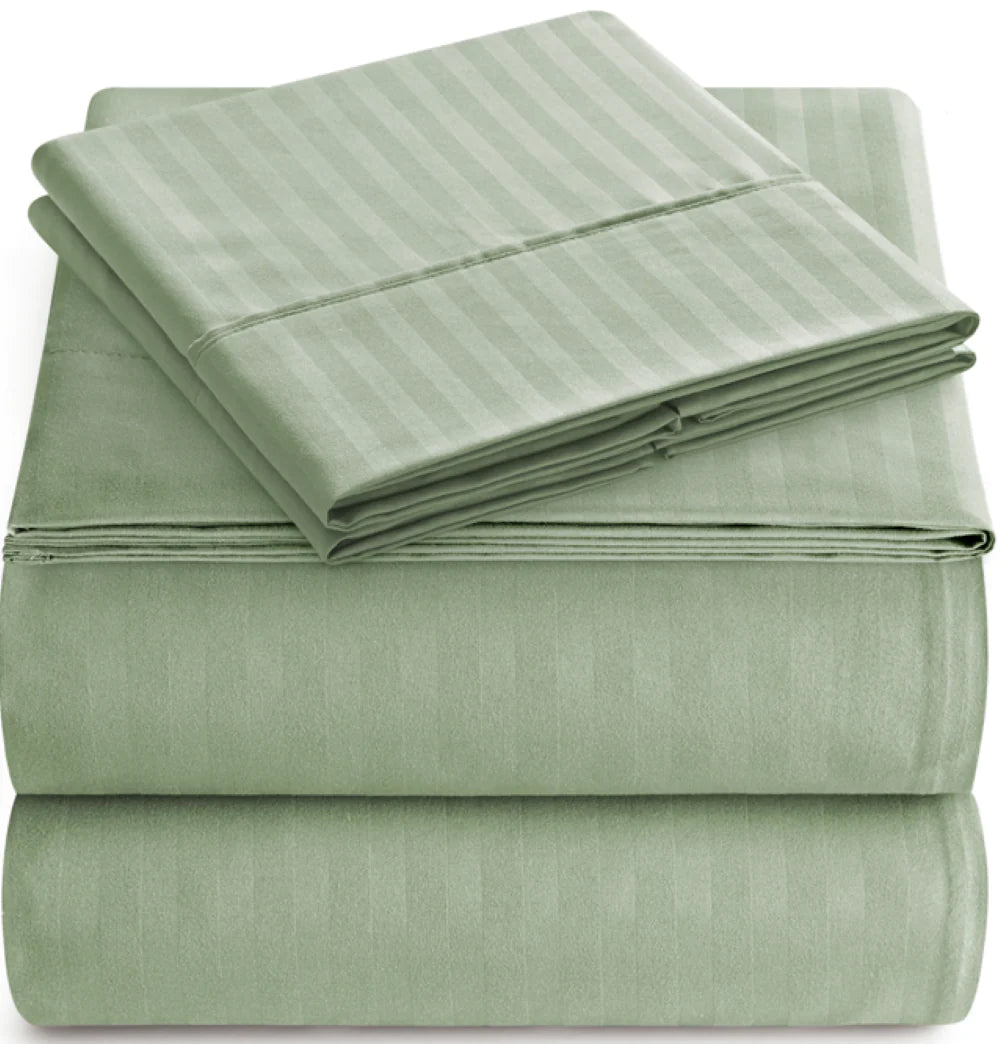 Luxury Strip Satin Bed Sheet Set - Sage Green