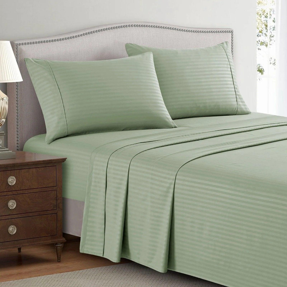 Luxury Strip Satin Bed Sheet Set - Sage Green