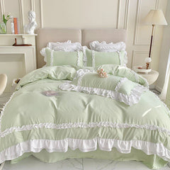 Luxury Cotton Frilled Duvet Set - Sage Green