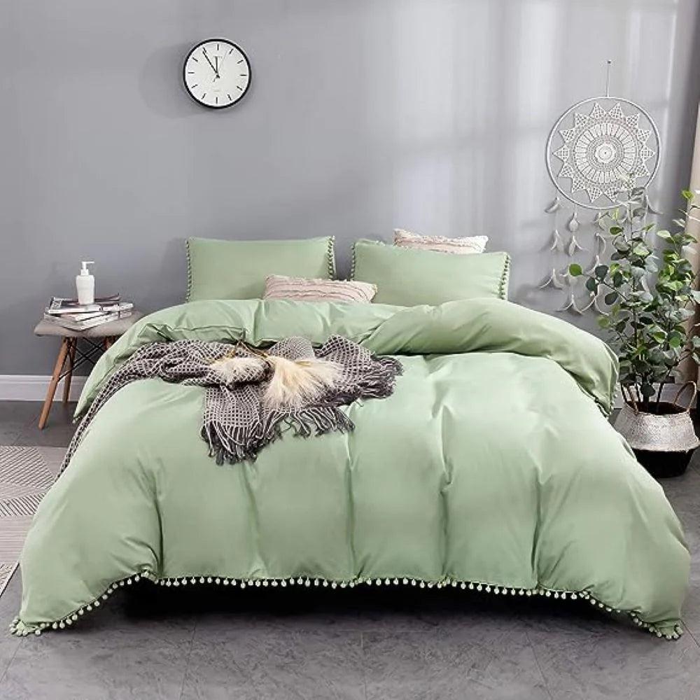 Luxury Cotton Satin Pom Fringe Duvet Cover Set - Sage Green