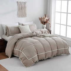 Lustro Twin Pom-Pom Cotton Duvet Cover Set-Khaki