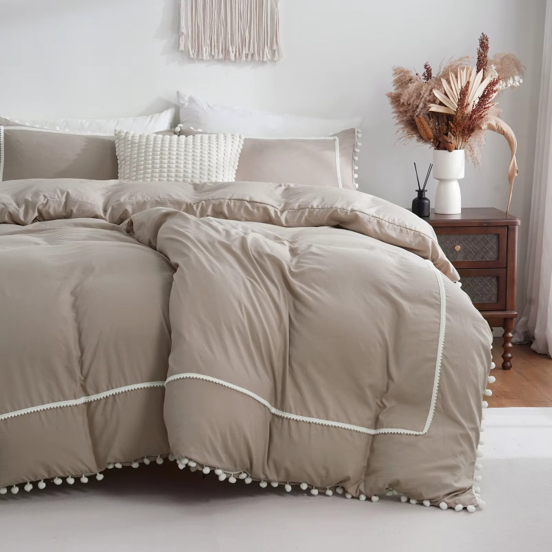 Lustro Twin Pom-Pom Cotton Duvet Cover Set-Khaki