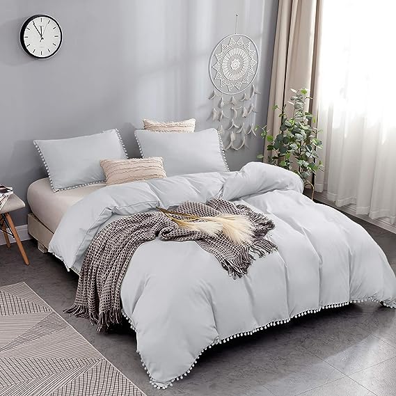 Luxury Cotton Satin Pom Fringe Duvet Cover Set - Silver Grey