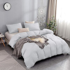 Luxury Cotton Satin Pom Fringe Duvet Cover Set - Silver Grey