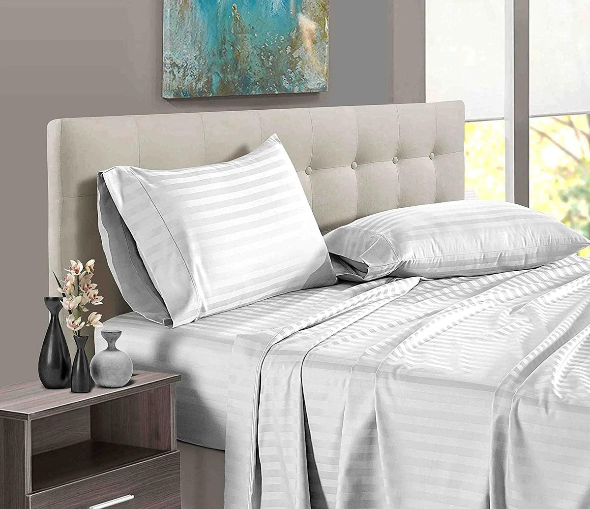 Luxury Strip Satin Bed Sheet Set - Silver