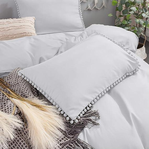 Luxury Cotton Satin Pom Fringe Duvet Cover Set - Silver Grey