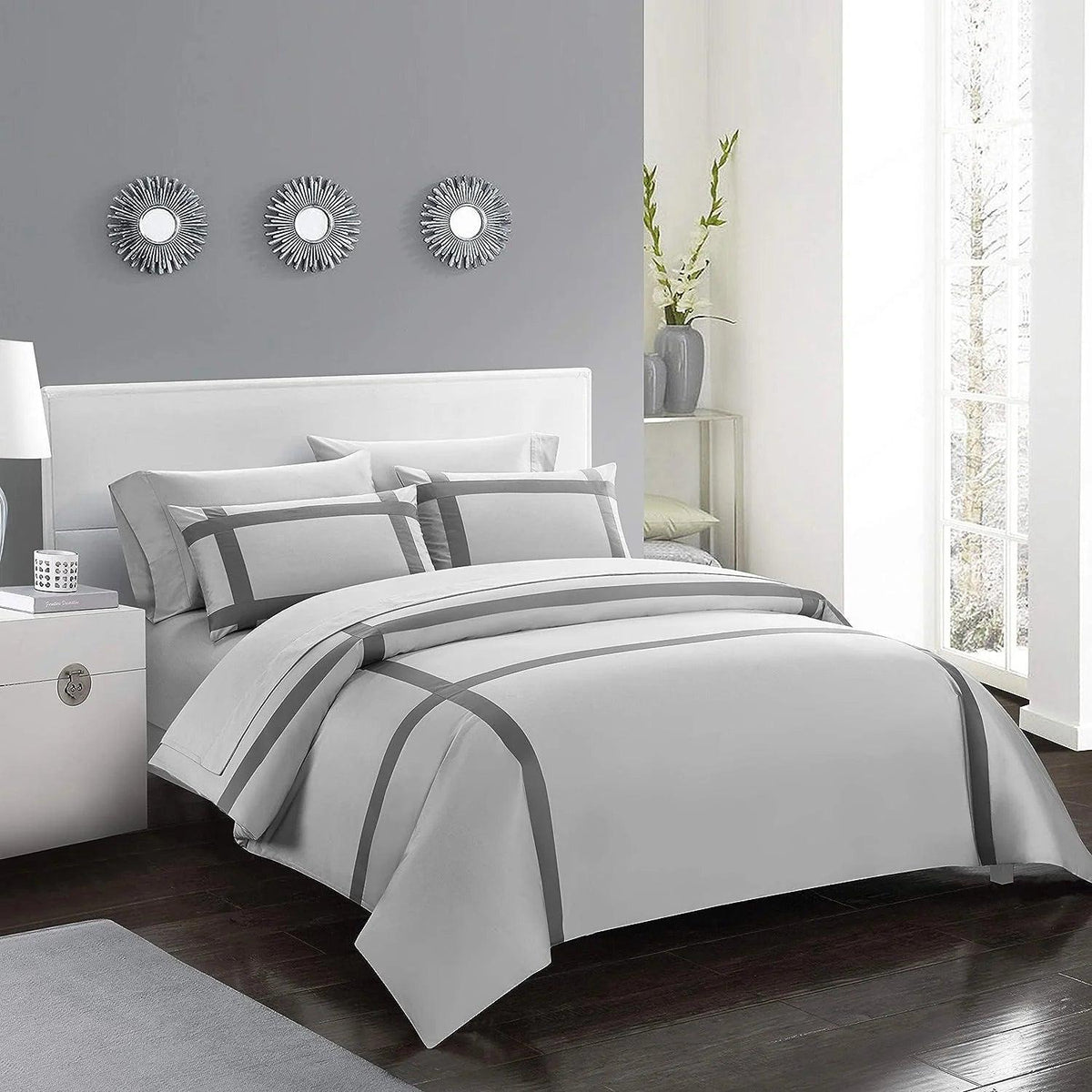 Silver With Grey Stripe Cotton Satin Duvet Cover Set