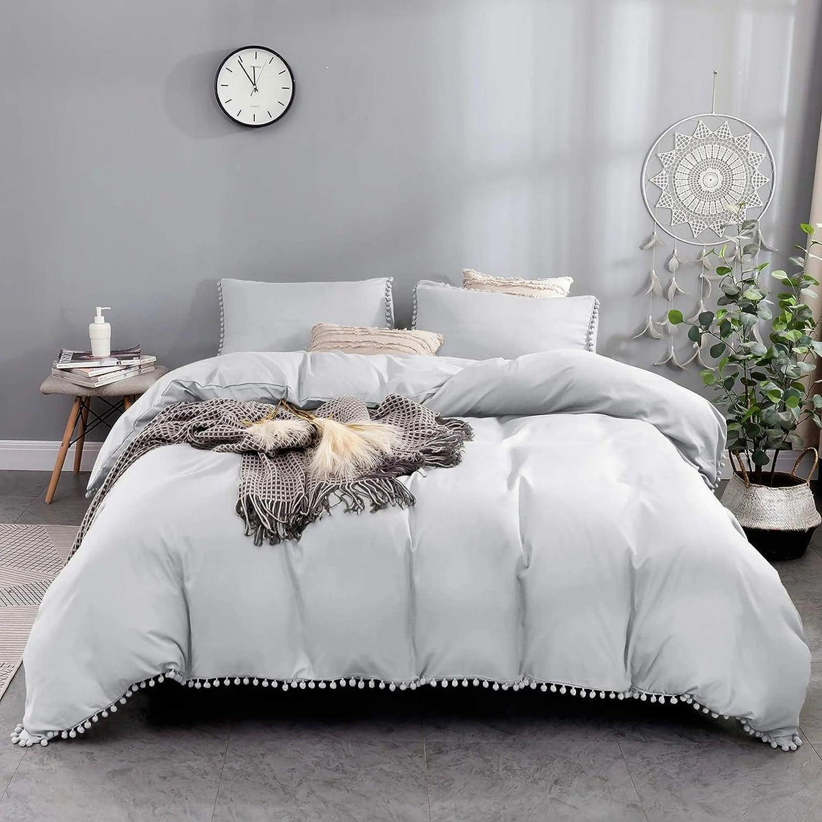 Luxury Cotton Satin Pom Fringe Duvet Cover Set - Silver Grey