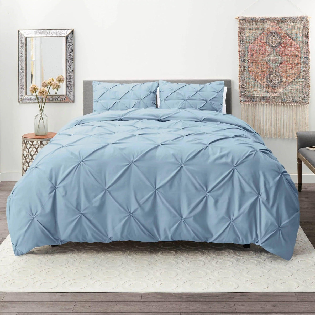 Luxury Satin Pintuck Duvet Cover Set - Sky Blue