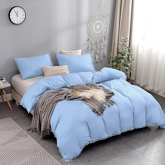 Luxury Cotton Satin Pom Fringe Duvet Cover Set - Light Blue