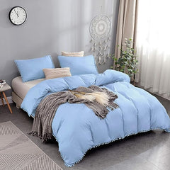 Luxury Cotton Satin Pom Fringe Duvet Cover Set - Light Blue