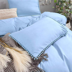 Luxury Cotton Satin Pom Fringe Duvet Cover Set - Light Blue