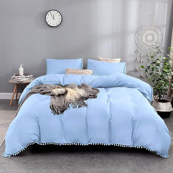 Luxury Cotton Satin Pom Fringe Duvet Cover Set - Light Blue