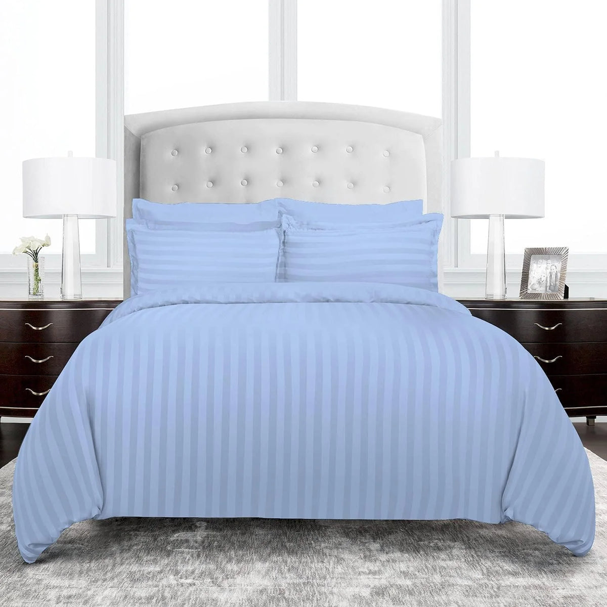 Cotton Satin Stripe Duvet Cover Set -Sky Blue