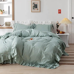 Luxury Pleated With Ruffled Style Satin Duvet Cover Set - Salt Grey