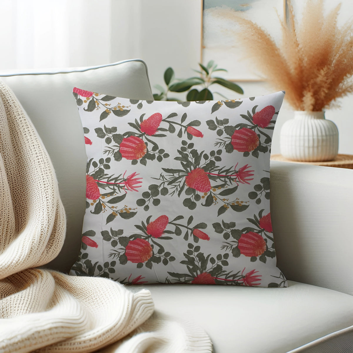 Waterproof Sunset Orange and Green Floral Printed Cushion Cover-1 Pc