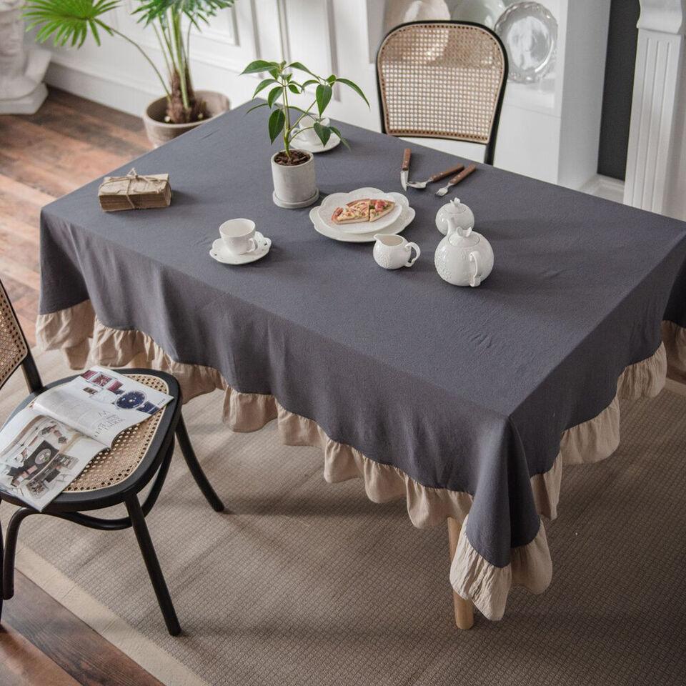 Flounce Stitching Cotton Table Covers-Grey & Beige