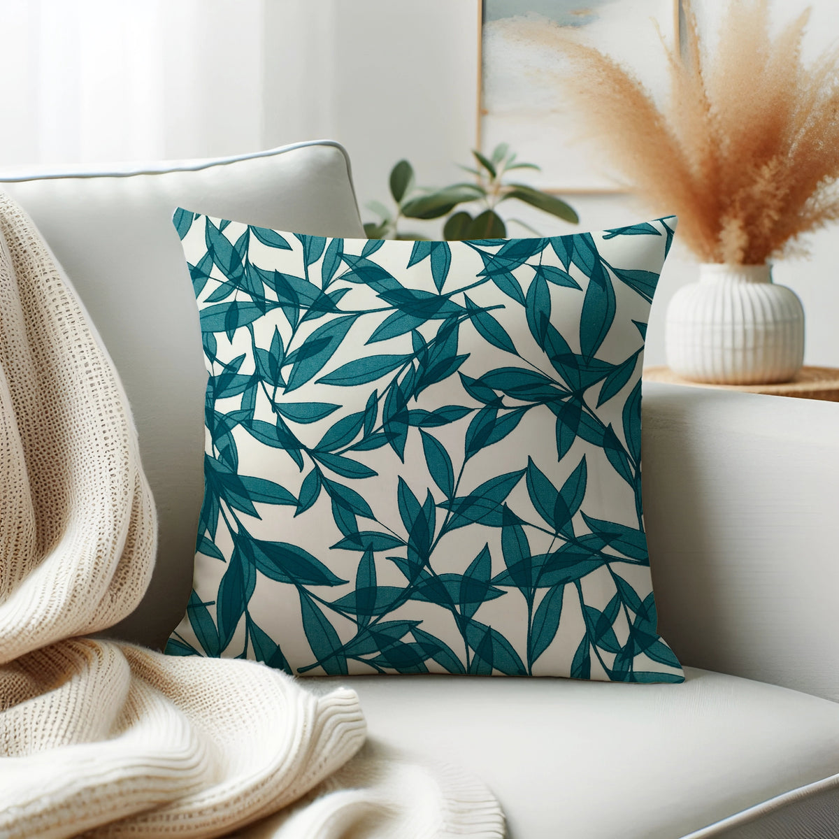 Waterproof Teal Green Leaves Printed Cushion Cover-1 Pc