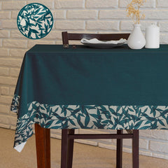 Elegant Cotton Table Cover with Teal Green Leaf Edge